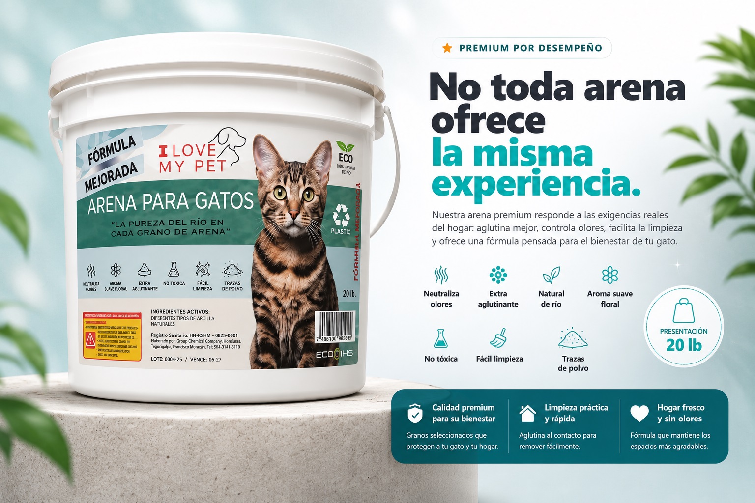 Arena aglutinante premium para gatos en cubeta de 20 libras